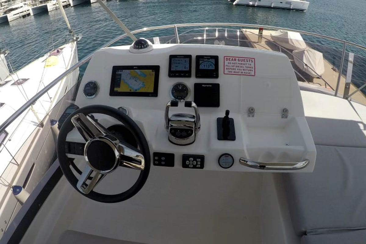 Cockpit of Brigadoon, a Jeanneau Prestige 420 Fly yacht at Grad Šibenik, Croatia