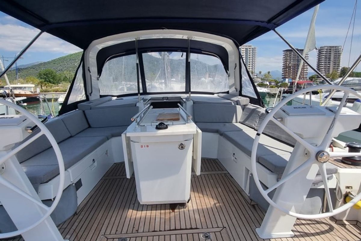 Cockpit of Sceptrum, a Beneteau Oceanis 46.1 sailboat at Salerno, Italy