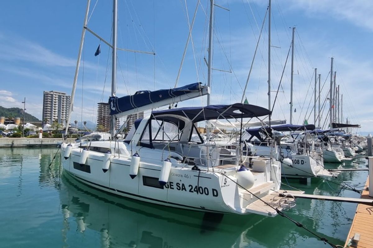 Exterior view of Sceptrum, a Beneteau Oceanis 46.1 sailboat at Salerno, Italy