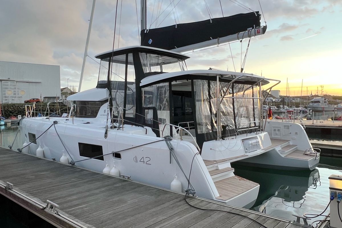 Exterior view of Dream of Liberty, a Lagoon 42 catamaran at Grad Biograd na Moru, Croatia