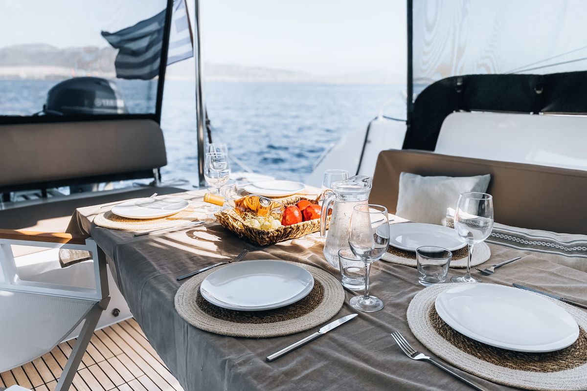 Deck of Sea Energy I, a Lagoon 46 catamaran at Athens, Greece