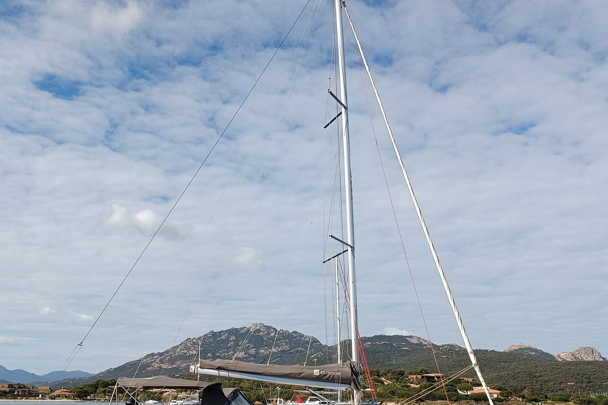 Exterior view of Rubens, a Dufour 390 sailboat at Olbia, Italy