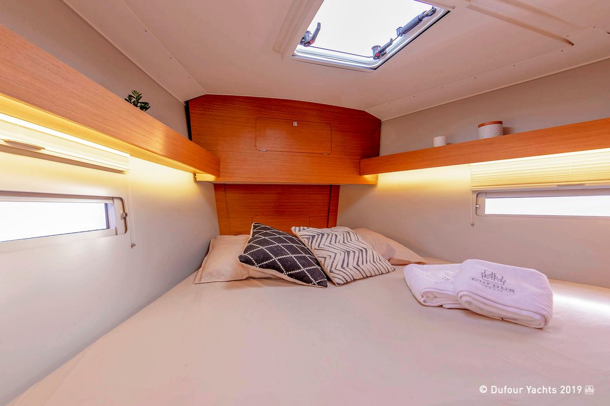 Cabin on Rubens, a Dufour 390 sailboat at Olbia, Italy