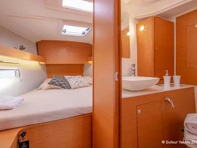 Cabin on Rubens, a Dufour 390 sailboat at Olbia, Italy