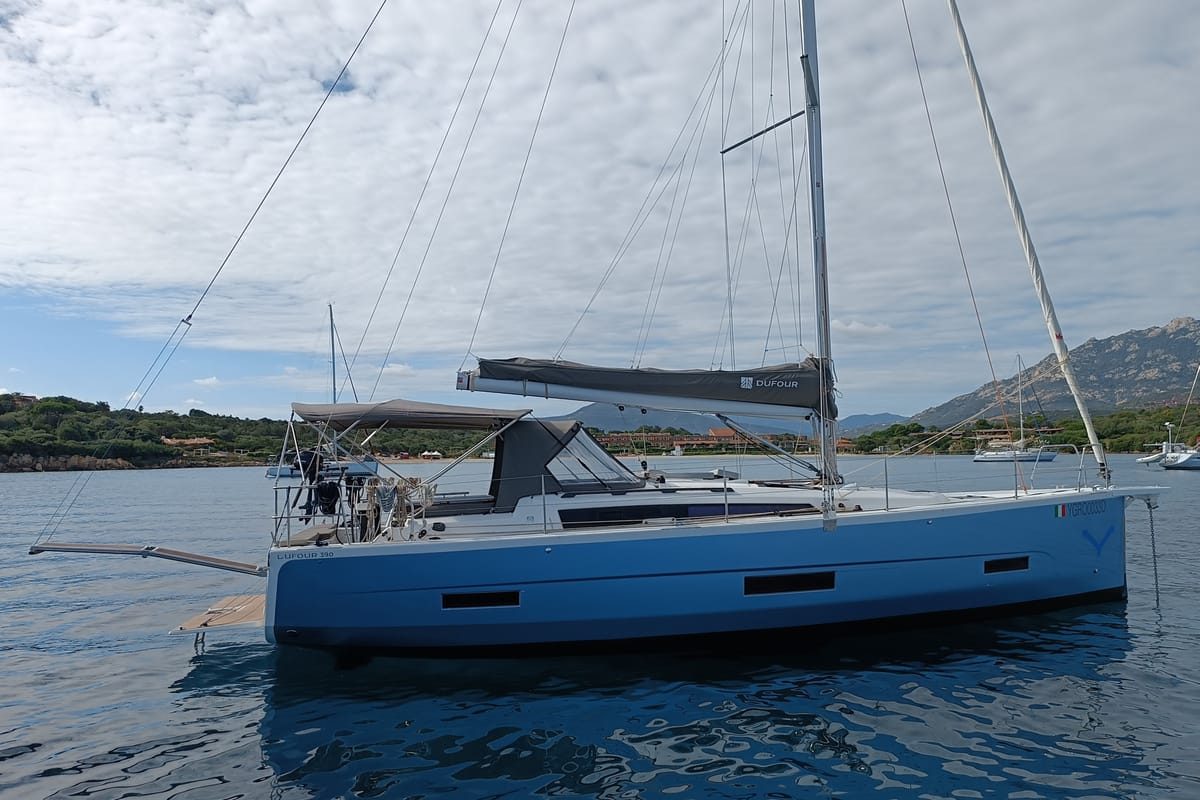 Exterior view of Rubens, a Dufour 390 sailboat at Olbia, Italy