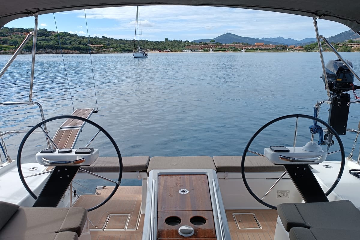 Cockpit of Rubens, a Dufour 390 sailboat at Olbia, Italy