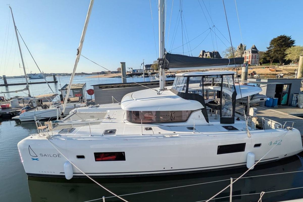 Exterior view of Zannannan, a Lagoon 42 catamaran at Eden Island Marina, Seychelles