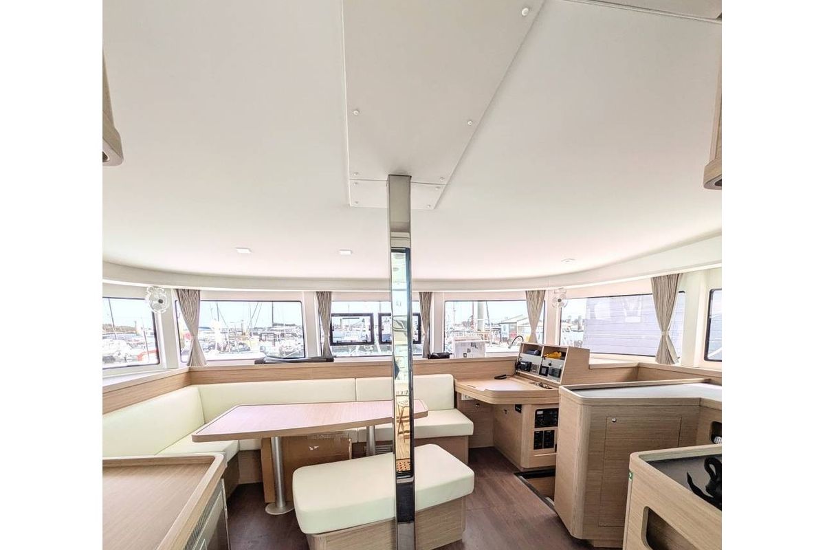 Salon of Zannannan, a Lagoon 42 catamaran at Eden Island Marina, Seychelles