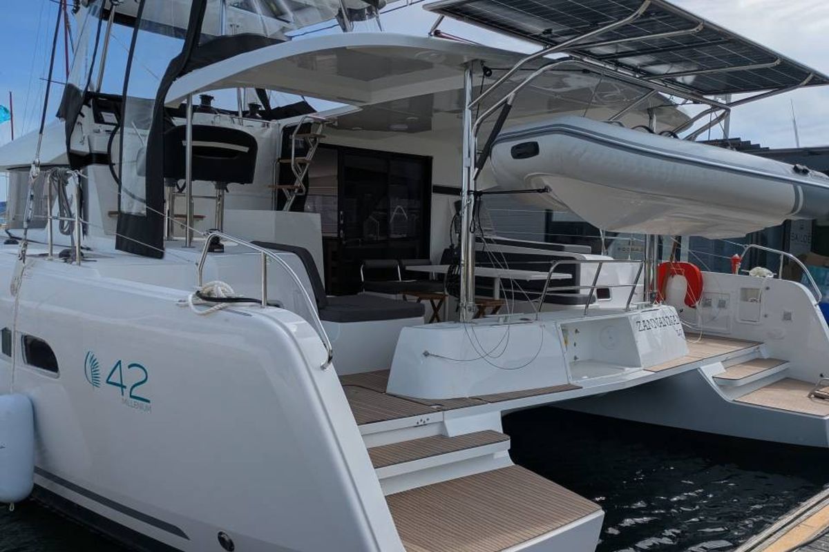 Deck of Zannannan, a Lagoon 42 catamaran at Eden Island Marina, Seychelles