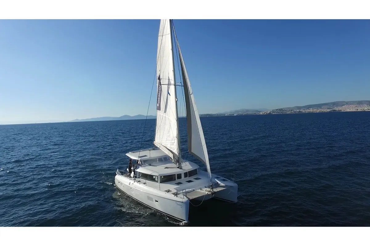 Exterior view of Fantasy, a Lagoon 420 catamaran at Athens, Greece