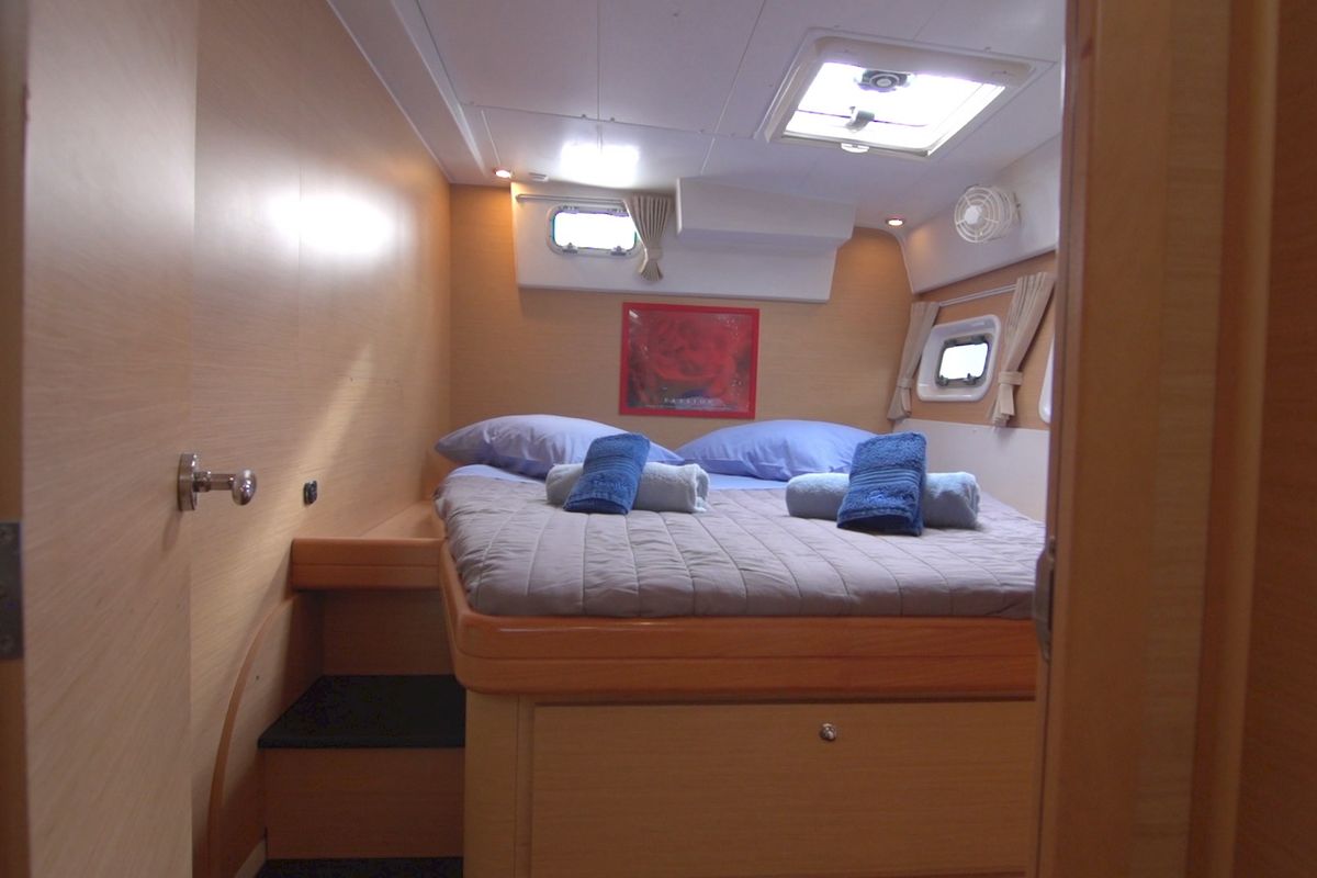 Cabin on Fantasy, a Lagoon 420 catamaran at Athens, Greece