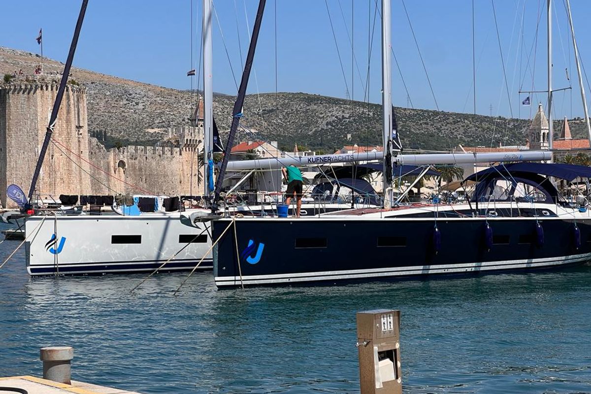 Exterior view of Elly Blu, a D&D Kufner 54 sailboat at Salerno, Italy