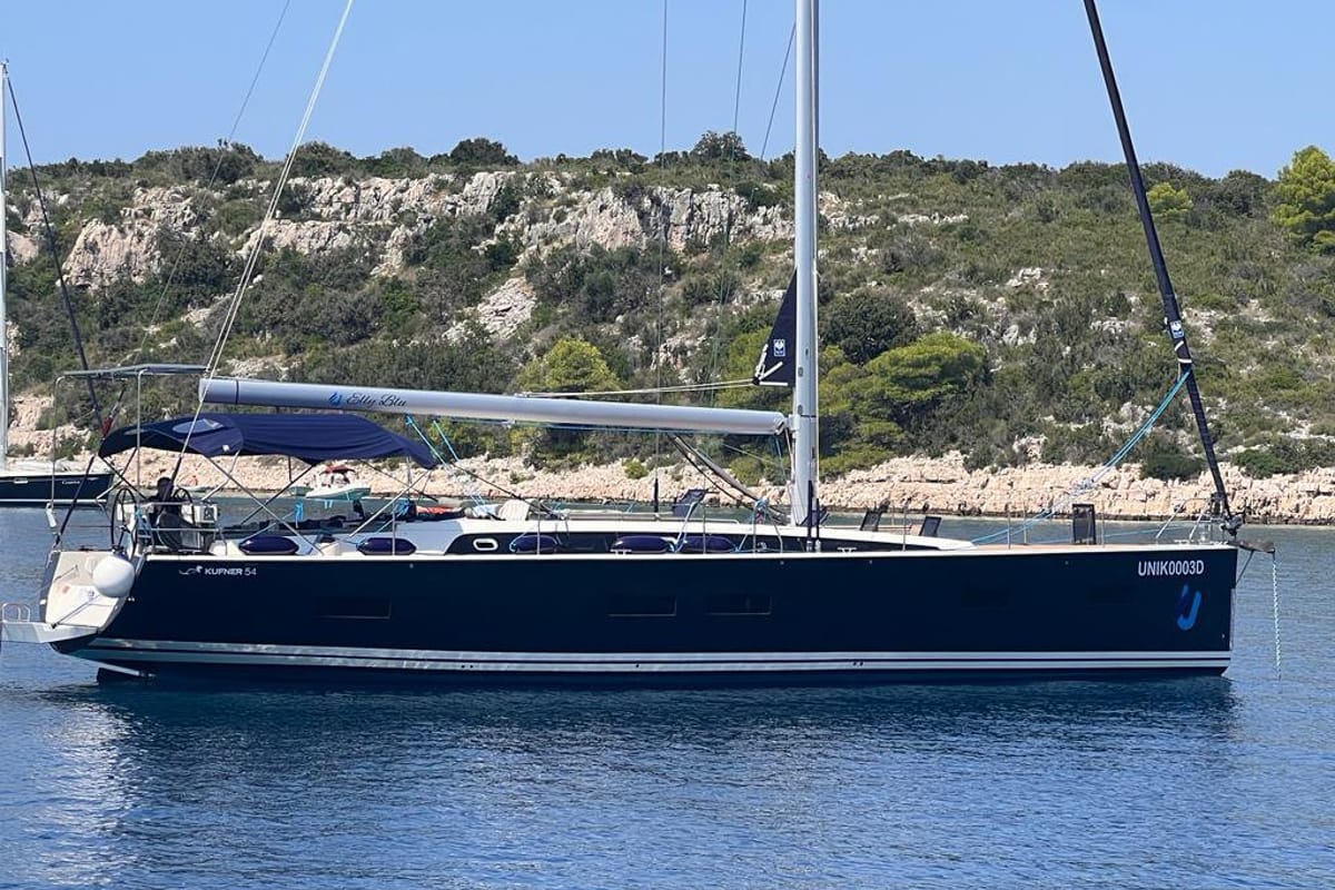 Exterior view of Elly Blu, a D&D Kufner 54 sailboat at Salerno, Italy