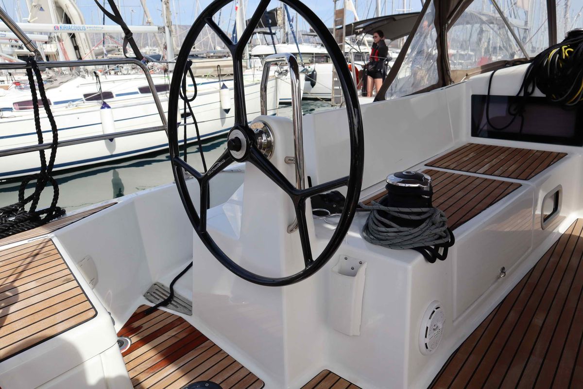 Cockpit of Diamond, a Jeanneau Sun Odyssey 440 sailboat at Athens, Greece
