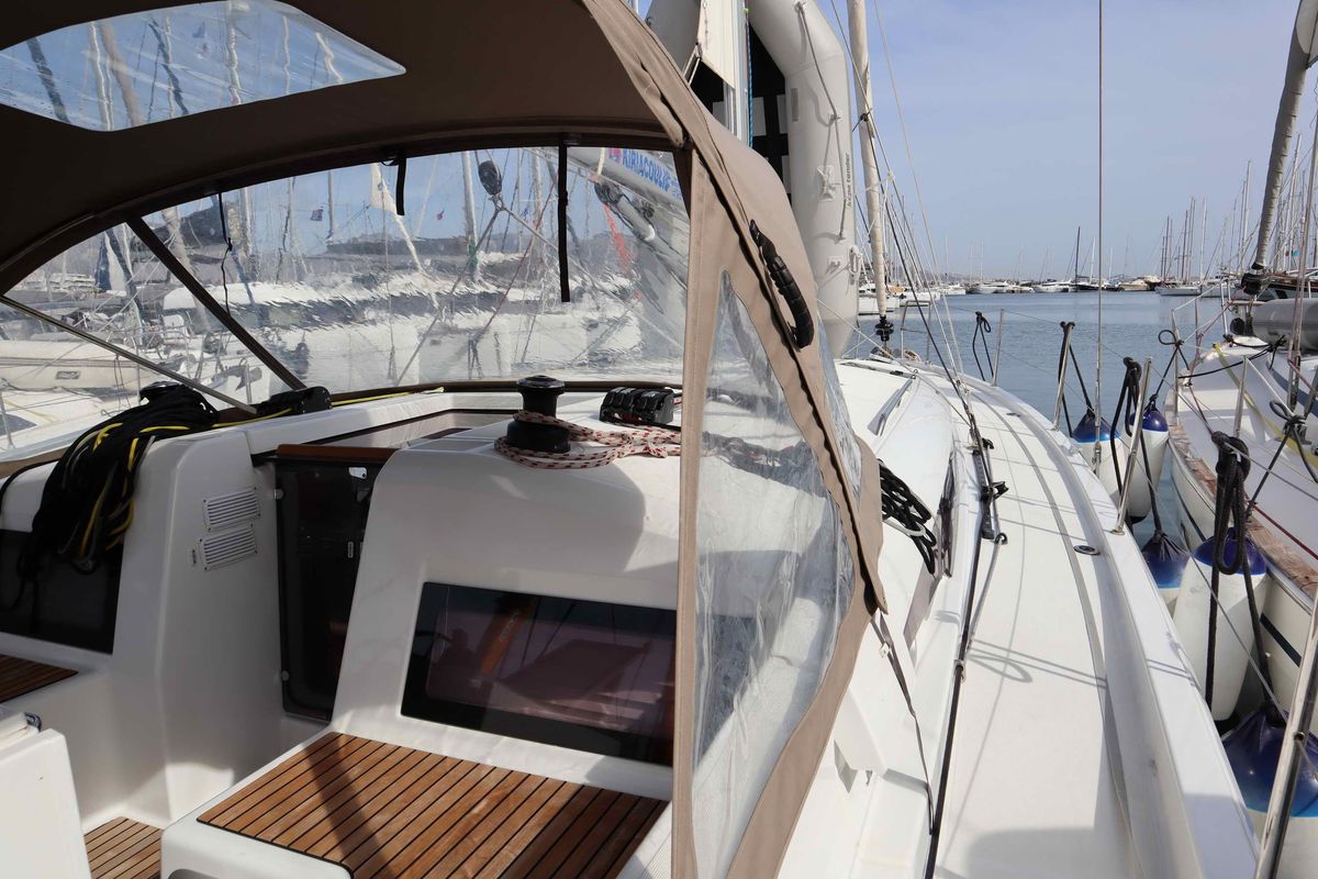 Deck of Diamond, a Jeanneau Sun Odyssey 440 sailboat at Athens, Greece