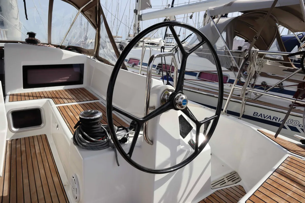 Cockpit of Diamond, a Jeanneau Sun Odyssey 440 sailboat at Athens, Greece