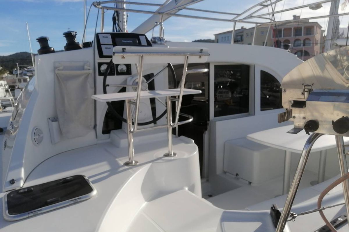 Cockpit of Arcane, a Lagoon 380 catamaran at Pointe-à-Pitre, France
