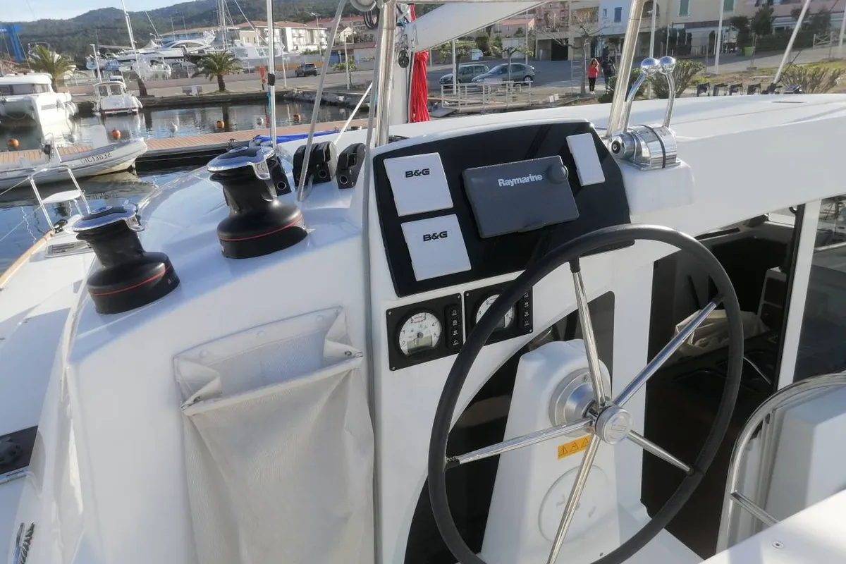 Cockpit of Arcane, a Lagoon 380 catamaran at Pointe-à-Pitre, France