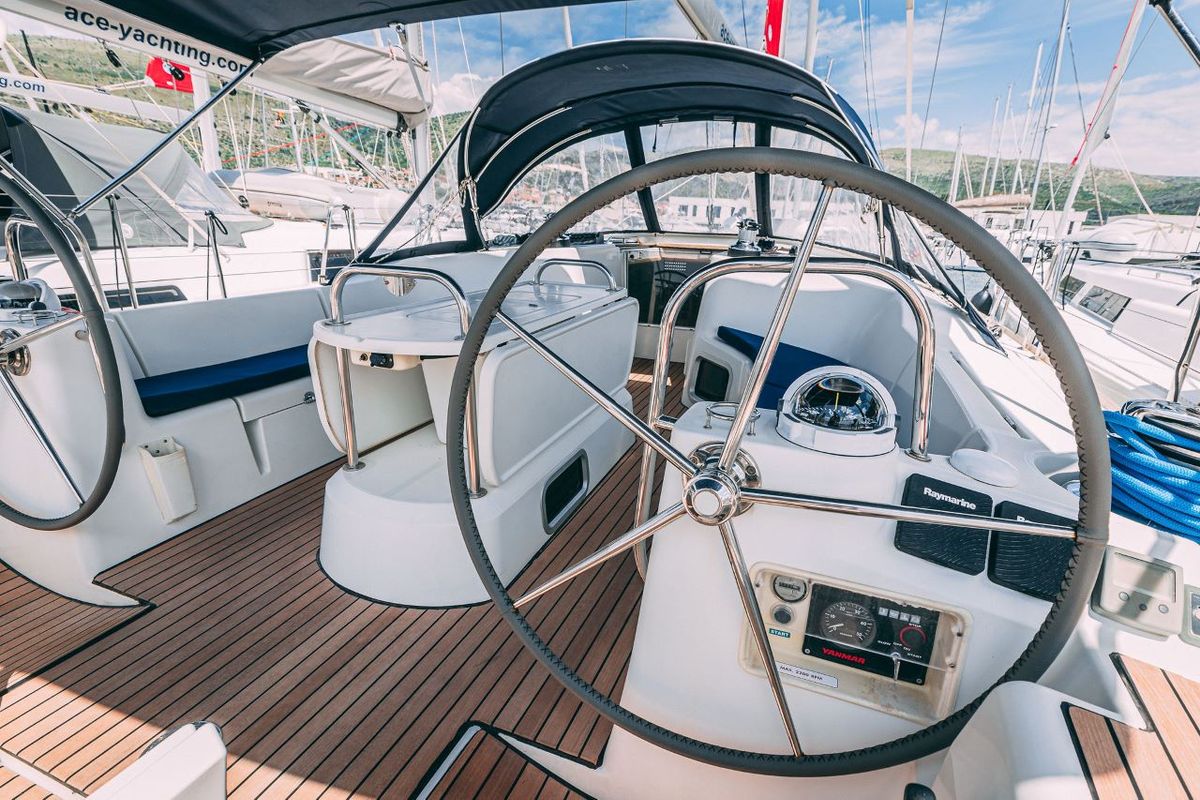 Cockpit of Ana B., a Jeanneau Sun Odyssey 49i sailboat at Seget Donji, Croatia