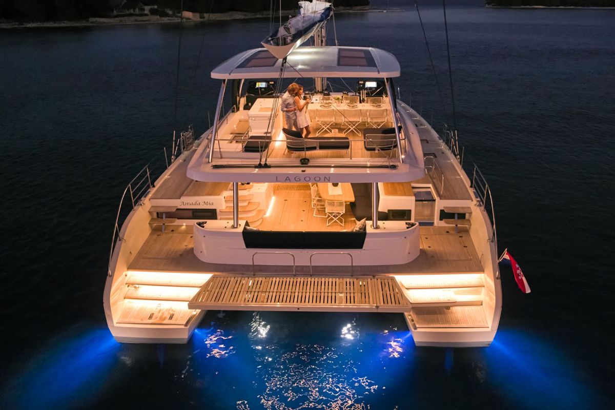 Exterior view of Amada Mia, a Lagoon Sixty 5 catamaran at Split, Croatia