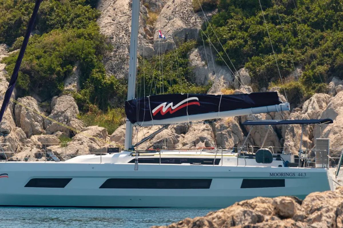 Exterior view of Moorings 44.3 Exclusive, a Dufour 44 sailboat at Road Town, British Virgin Islands