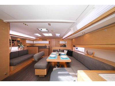 Salon of Andromaca, a Dufour 470 sailboat at Cagliari, Italy