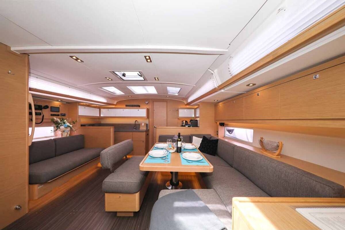 Salon of Andromaca, a Dufour 470 sailboat at Cagliari, Italy