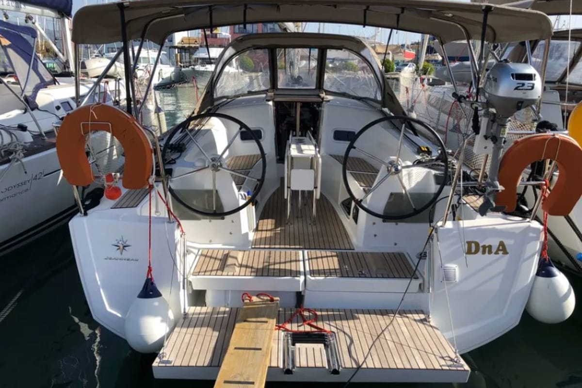 Cockpit of DNA, a Jeanneau Sun Odyssey 349 sailboat at Preveza, Greece