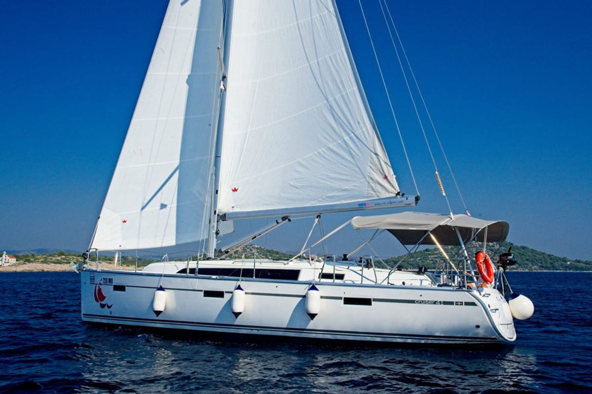 Exterior view of Mh 76, a Bavaria Cruiser 41 sailboat at Murter, Croatia