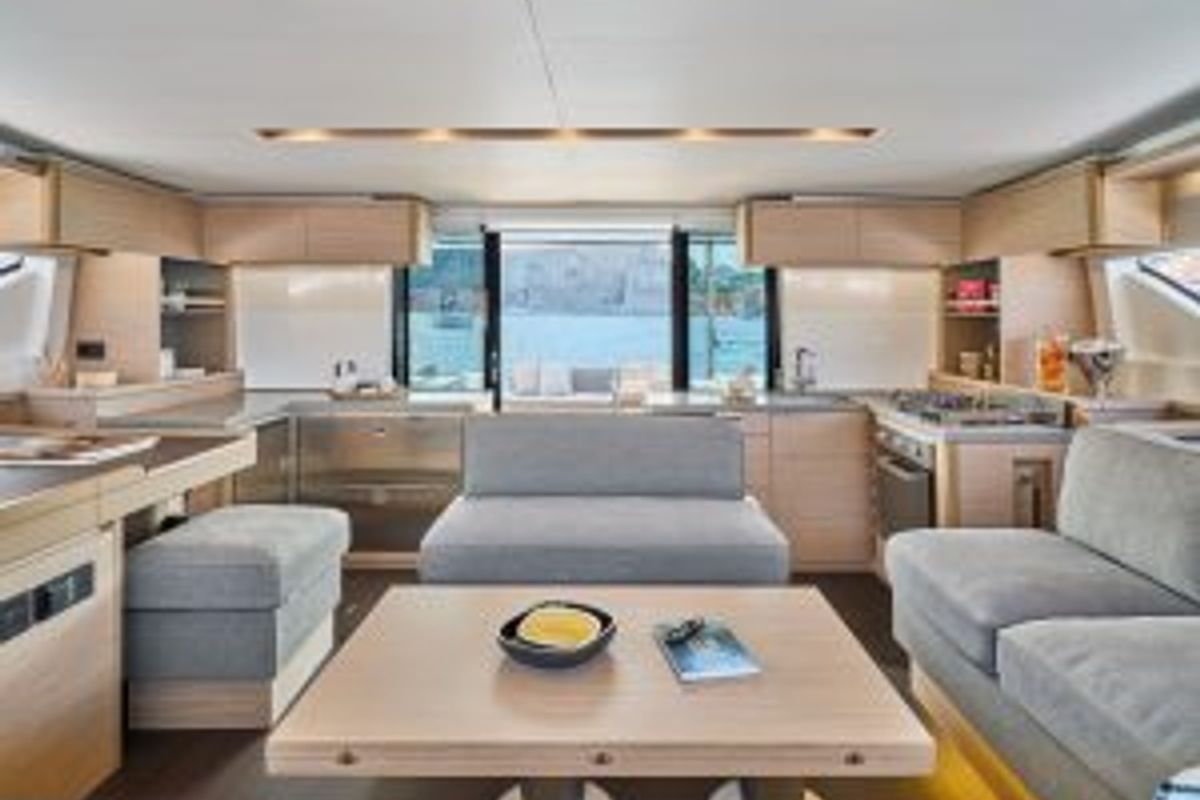 Salon of Corali, a Lagoon 51 catamaran at Athens, Greece