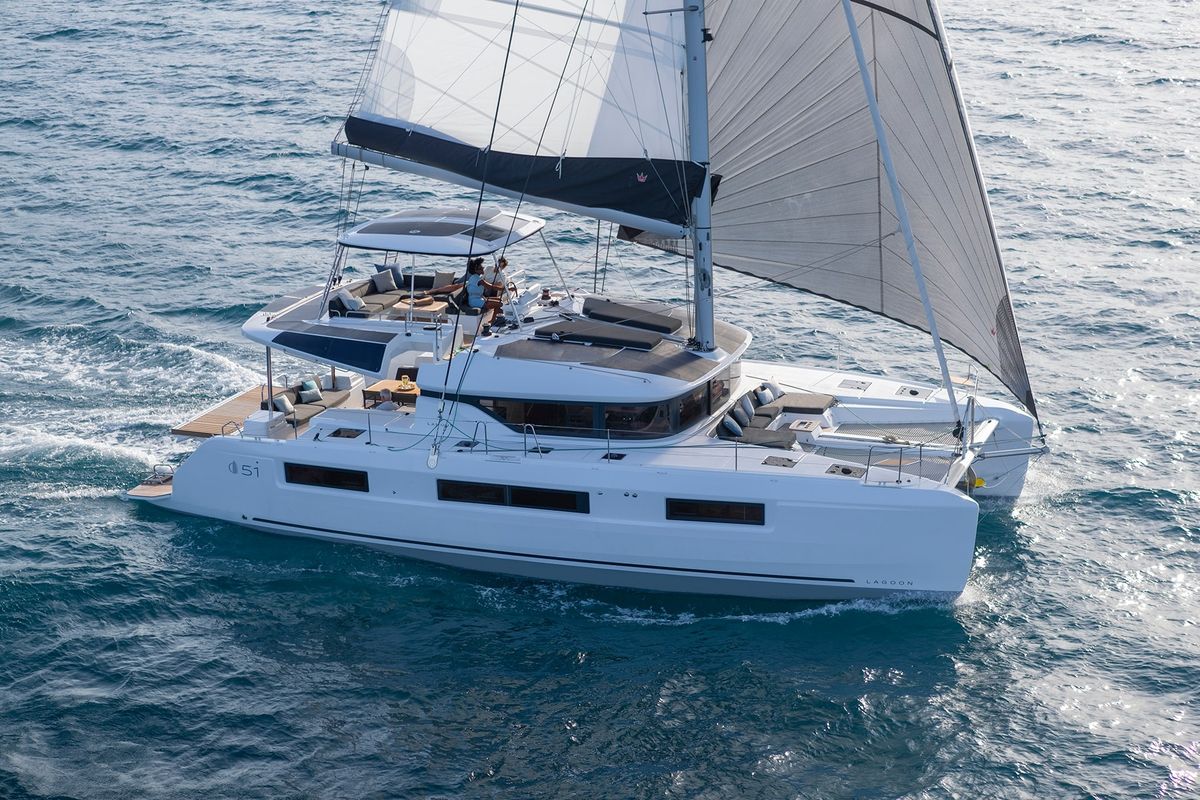Exterior view of Corali, a Lagoon 51 catamaran at Athens, Greece