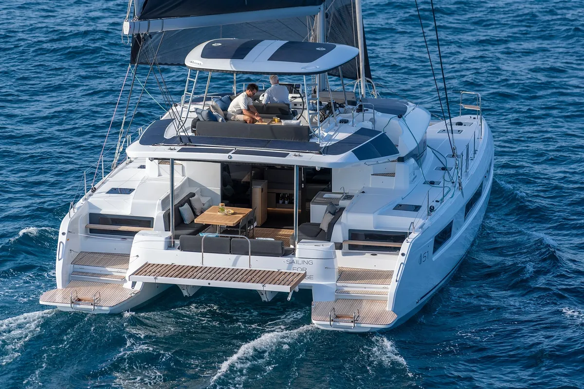 Exterior view of Corali, a Lagoon 51 catamaran at Athens, Greece