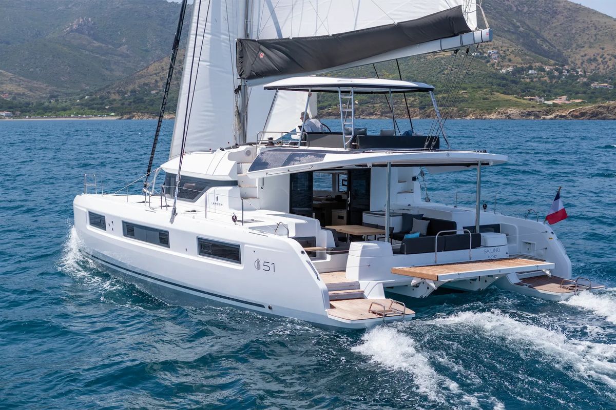 Exterior view of Corali, a Lagoon 51 catamaran at Athens, Greece