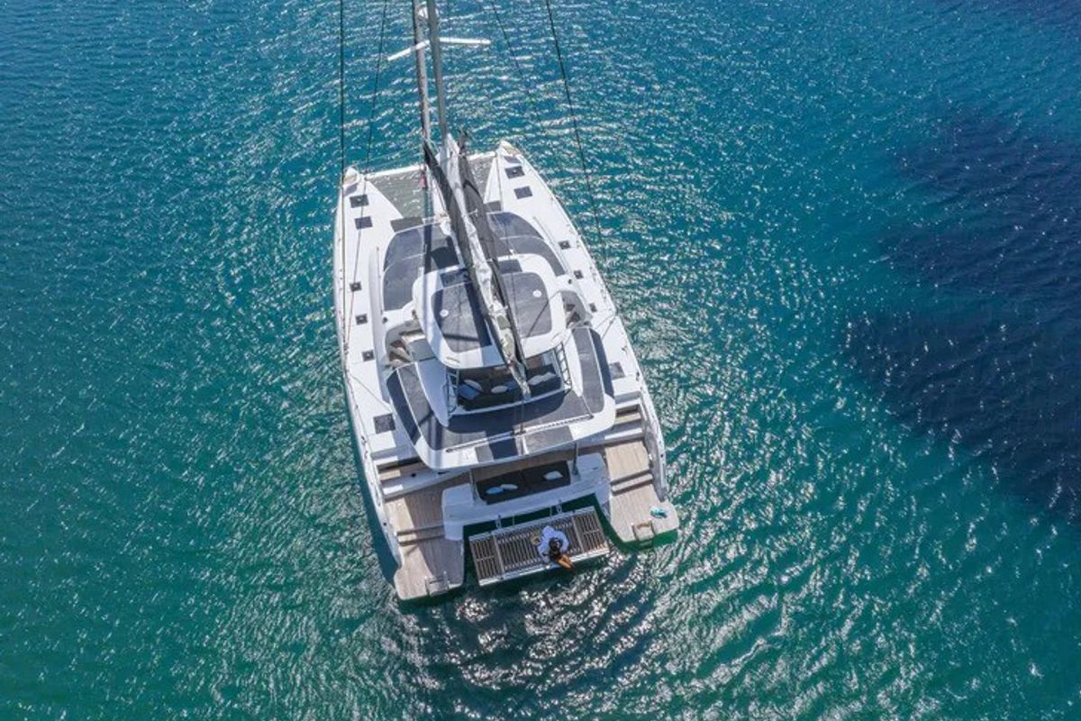 Exterior view of Corali, a Lagoon 51 catamaran at Athens, Greece