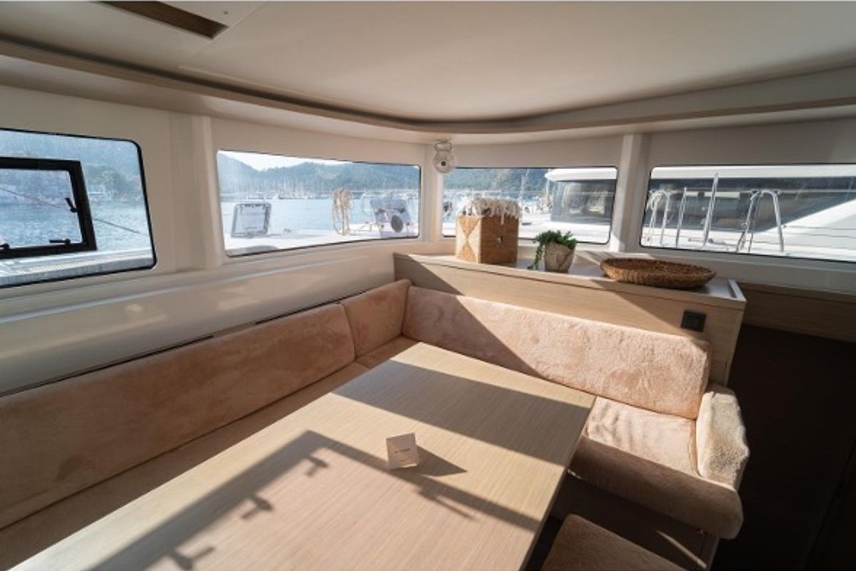 Salon of Umi, a Lagoon 46 catamaran at Fethiye, Turkey