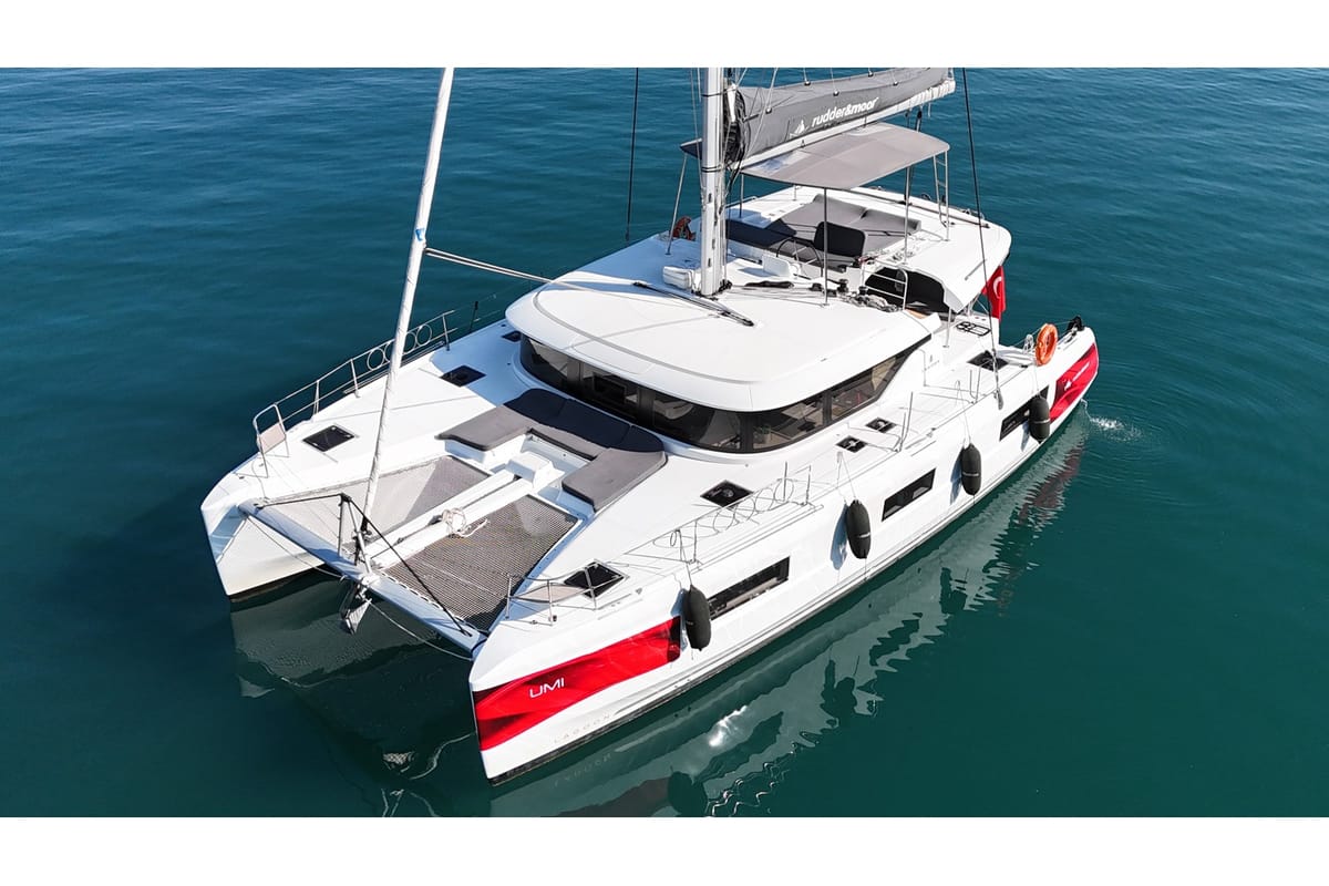 Exterior view of Umi, a Lagoon 46 catamaran at Fethiye, Turkey