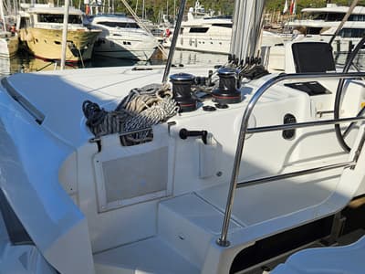 Cockpit of Umi, a Lagoon 46 catamaran at Fethiye, Turkey
