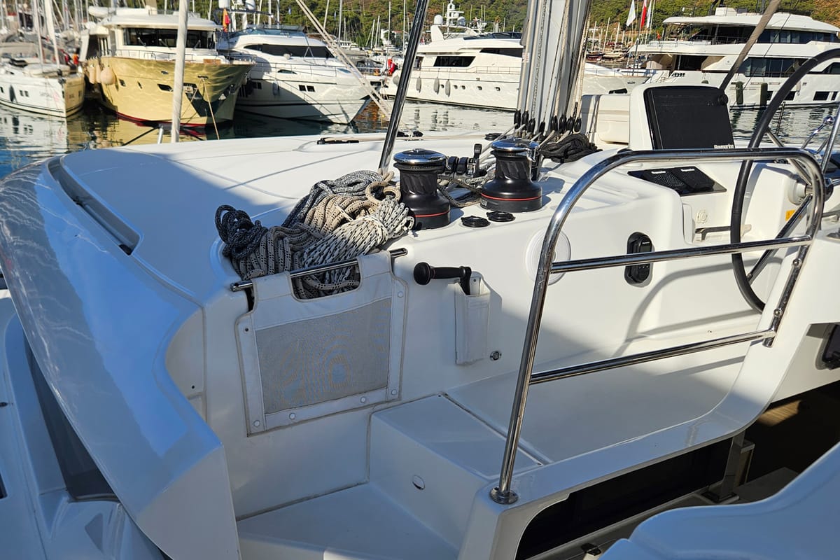 Cockpit of Umi, a Lagoon 46 catamaran at Fethiye, Turkey