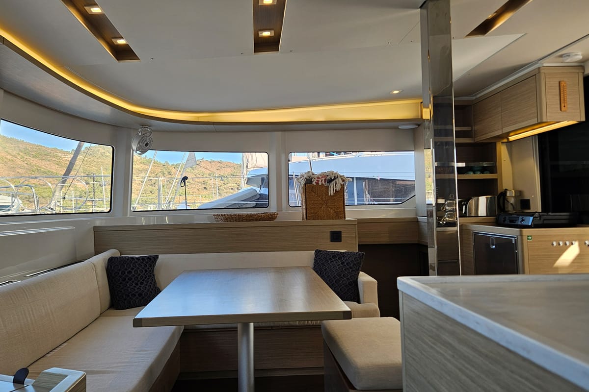 Salon of Umi, a Lagoon 46 catamaran at Fethiye, Turkey