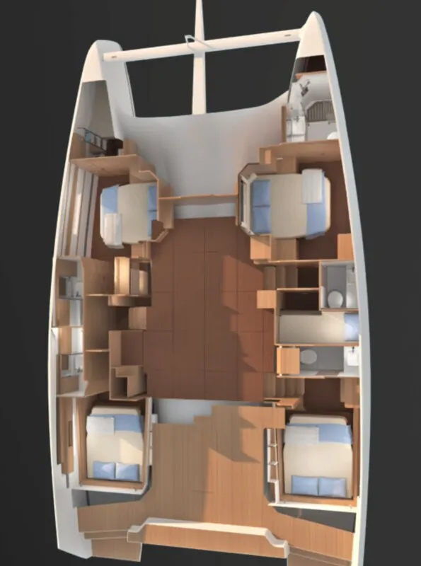 Floor plan of Teti, a Dufour 48 Catamaran catamaran at Olbia, Italy