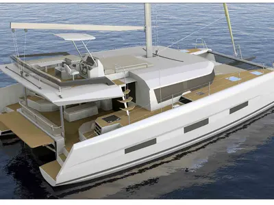 Exterior view of Teti, a Dufour 48 Catamaran catamaran at Olbia, Italy