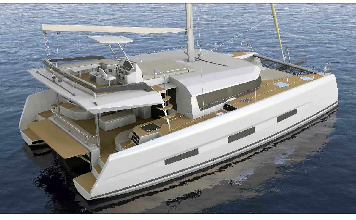 Exterior view of Teti, a Dufour 48 Catamaran catamaran at Olbia, Italy