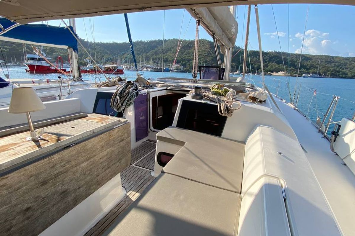 Deck of Maestro S, a Dufour 500 Grand Large sailboat at Fethiye, Turkey