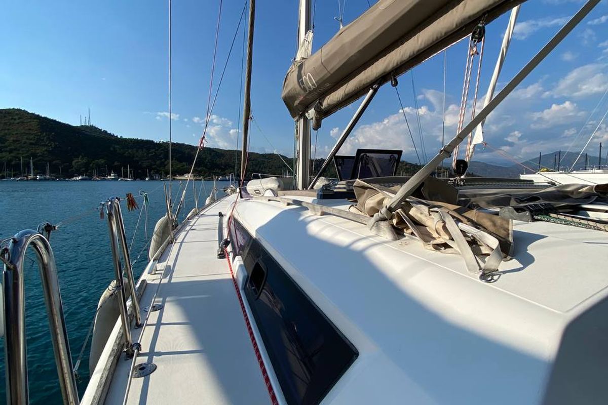 Deck of Maestro S, a Dufour 500 Grand Large sailboat at Fethiye, Turkey
