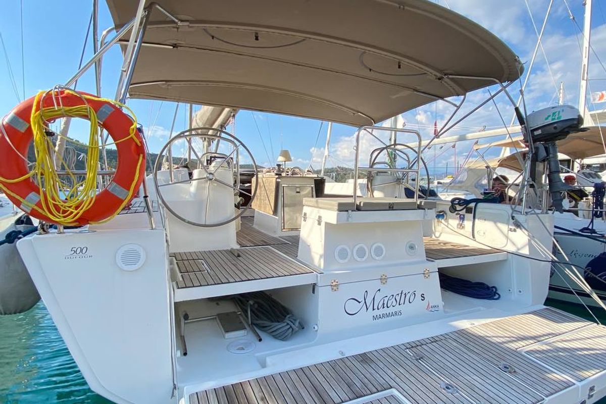 Exterior view of Maestro S, a Dufour 500 Grand Large sailboat at Fethiye, Turkey