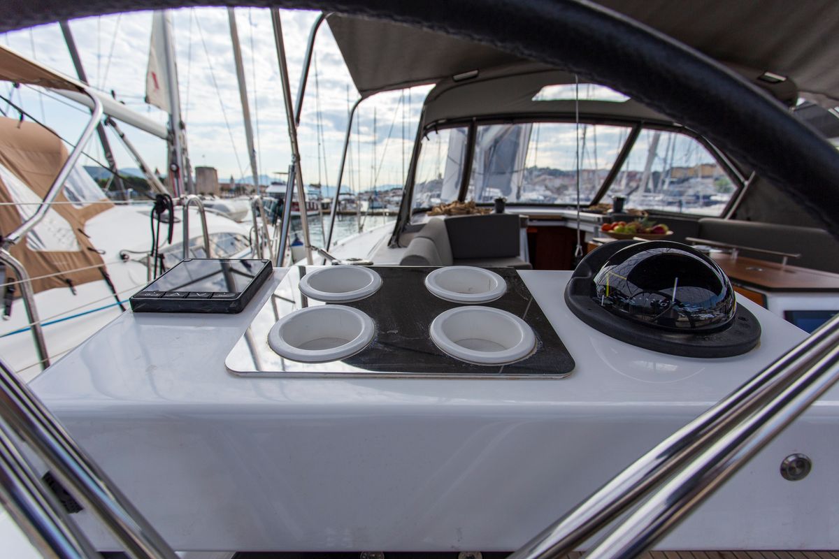 Cockpit of Astrid, a Dufour 530 sailboat at Preveza, Greece