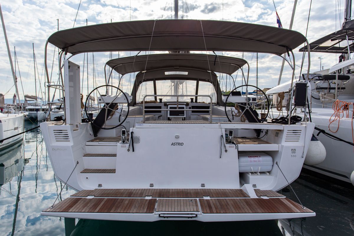 Exterior view of Astrid, a Dufour 530 sailboat at Preveza, Greece