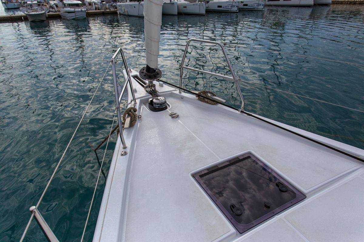 Deck of Astrid, a Dufour 530 sailboat at Preveza, Greece