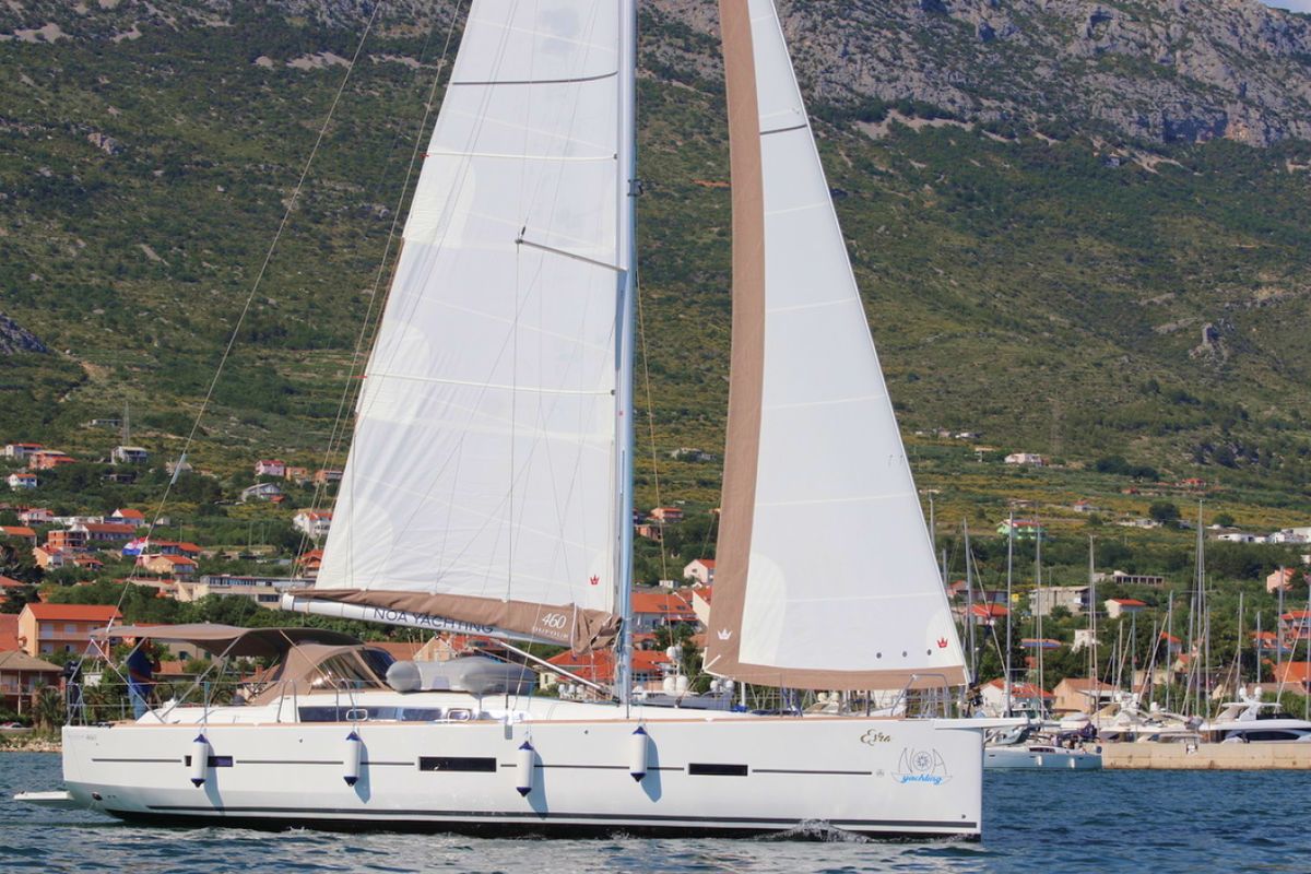 Exterior view of Esra, a Dufour 460 GL sailboat at Grad Kaštela, Croatia