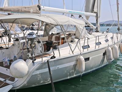 Exterior view of Eurybia, a Bavaria Cruiser 40 sailboat at Loutraki, Greece